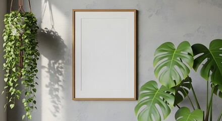 Blank Vertical Frame Mockup with Monstera and Hanging Plants