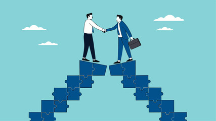 business agreement, cooperation in business to achieve certain targets, growth or progress to achieve goal and target, two business people shaking hands at the top of the ladder from puzzle
