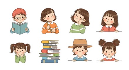 Cartoon illustrations of young kids with school books and thoughtful expressions learning together