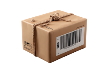 Tan cardboard box tied with twine, barcode label, ready for shipping