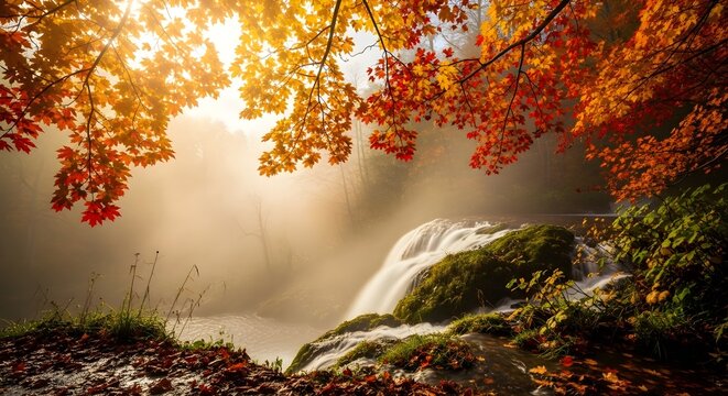 Golden autumn sunlight illuminates a serene waterfall cascading through vibrant red and orange maple leaves in a misty, magical forest.