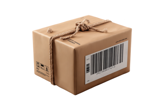 Tan cardboard box tied with twine, barcode label, ready for shipping