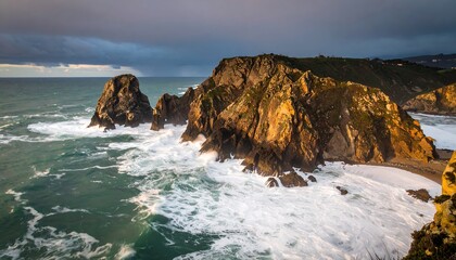 Dramatic coastal scenery showcases a rugged coastline with powerful waves crashing against dramatic rock formations.