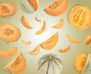 Tasty ripe Cantaloupe melons swirling in air against color gradient background