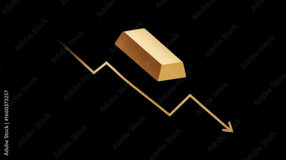 Poster gold bar with downward trend graph depicting price drop in simple minimal vector design