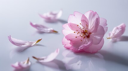 Delicate Pink Cherry Blossom with Scattered Petals on Reflective Surface Springtime Beauty