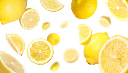 Fresh ripe lemons swirling in air against white background