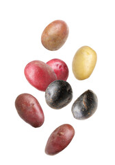 Different types of fresh potatoes falling on white background