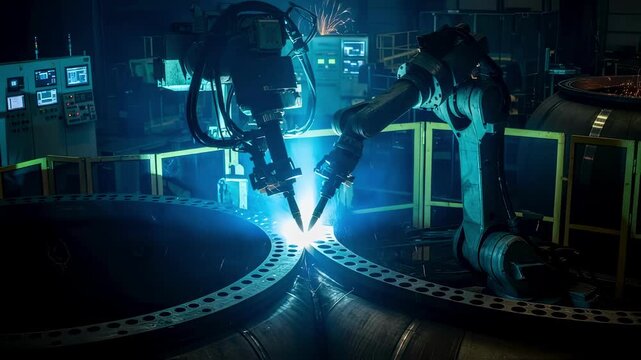 Robotic welding station fusing reactor vessel parts with sparks flying emphasizing highprecision automation in nuclear technology production.