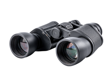 Close-up of black binoculars, showing lenses and adjustment