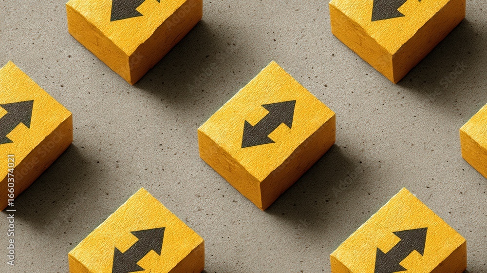 Poster seamless texture pattern of yellow cargo boxes with directional arrows on a gray background