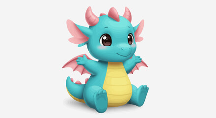 Obraz premium Adorable Small Blue Dragon with Pink Horns and Wings Sitting With Its Arms Open in a Friendly Pose