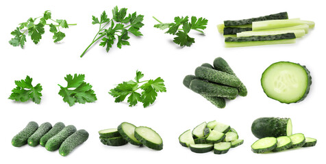 Fresh cucumbers and parsley isolated on white, collage