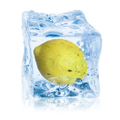 Fresh ripe lemon fruit in ice cube isolated on white