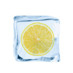 Cut fresh lemon fruit in ice cube isolated on white