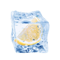 Cut fresh lemon fruit in ice cube isolated on white
