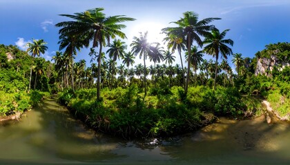 Obraz premium Lush tropical foliage and swaying palm trees line a serene waterway, bathed in bright sunlight.
