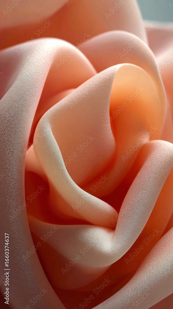 Poster soft peach fabric curling elegantly with intricate folds and smooth texture creating a delicate visu