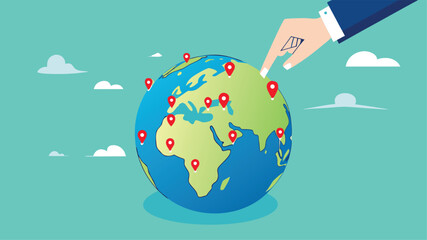 Businessman hand put new branch pin on world map across globe.Global business expansion, open company branches, franchise in new location to cover all continent. growing business worldwide concept
