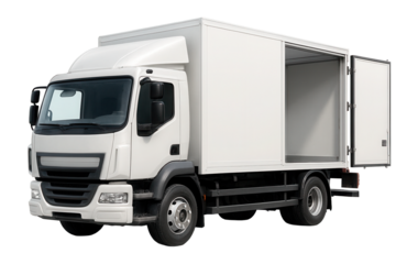 Large white cargo truck with open back door on the road for delivery.