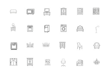Fototapeta premium Furniture - Thin line vector icon set. Pixel perfect. Editable stroke. For Mobile and Web. The set contains icons: Furniture, Sofa, Chair, Table, Desk, Office, Office Chair, Bed - Furniture, Bedroom