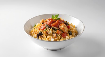 Rice dish with chicken, tomato sauce, eggplant in a white bowl