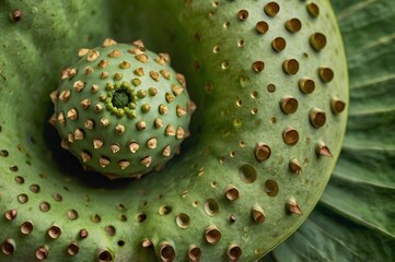 Hyper-realistic close-up of American Lotus seed pod with circular holes sharp botanical detail