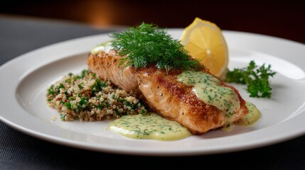Gourmet baked chum salmon fillet with lemon and quinoa perfect for fine dining presentation.