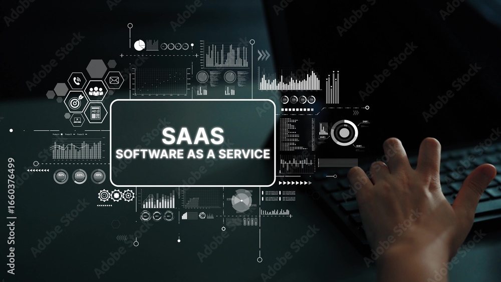 Aufkleber modern digital concept of saas with graphical data analytics and technology symbols on dark backgrou
