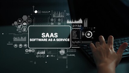 Modern Digital Concept of SaaS with Graphical Data Analytics and Technology Symbols on Dark Background. Asymptotic smart data analytic.