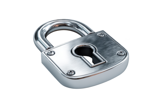 Shiny silver padlock isolated on black background, ready for security