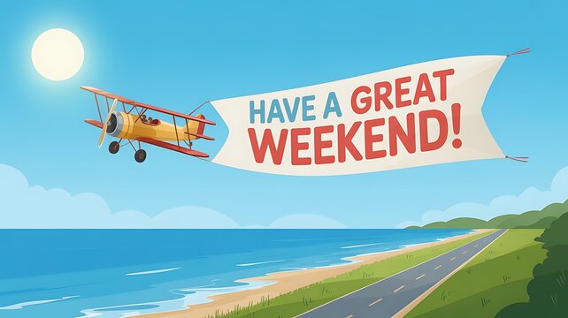 Vintage Biplane Flying over Coastal Road with Have a Great Weekend Banner