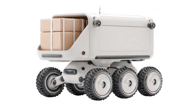 Futuristic delivery robot carrying packages on wheels, white, outdoors