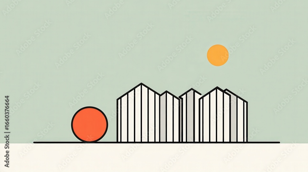 Aufkleber minimal vector design of warehouse outline with circle shape and sun element in soft colors