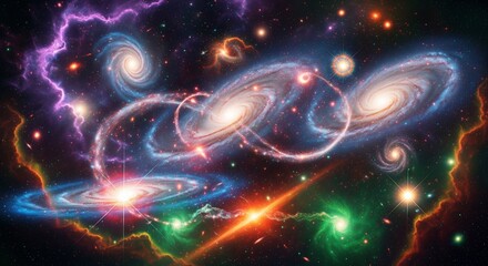 Vibrant Cosmic Storm of Interacting Spiral Galaxies and Colorful Nebula in Deep Space.