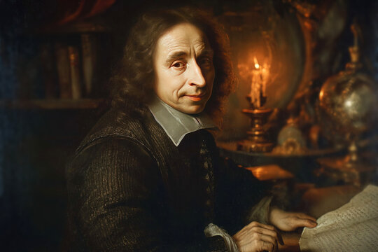 Blaise Pascal reflected deeply by candlelight surrounded by scholarly tools