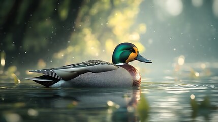Mallard duck swims on calm water with soft bokeh photo background swimming bird
