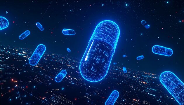 Digital capsules, illuminated with binary code, float over a nighttime cityscape, showcasing a futuristic concept of medicine. - Powered by Adobe