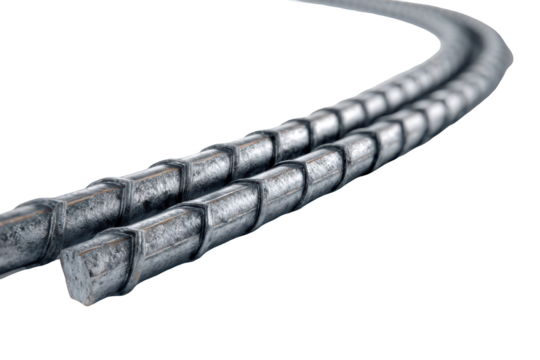 Two textured steel reinforcing bars curving against a black background