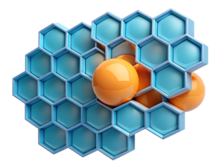 3d illustration of an abstract geometric structure of interconnected blue hexagons resembling a honeycomb, with bright orange spheres nestled within, symbolizing science, technology, and interconnecte