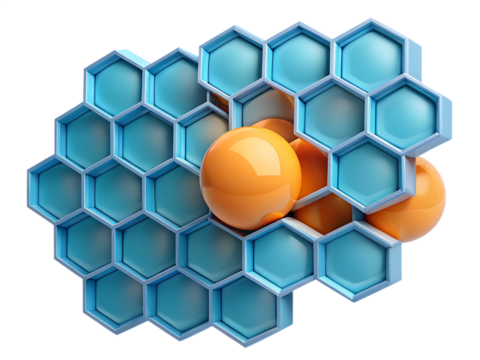 3d illustration of an abstract geometric structure of interconnected blue hexagons resembling a honeycomb, with bright orange spheres nestled within, symbolizing science, technology, and interconnecte - Powered by Adobe