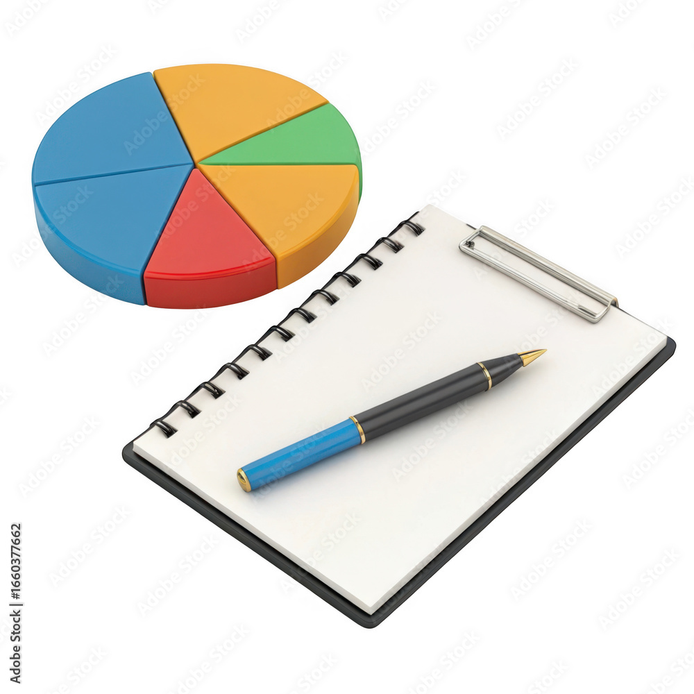 Poster colorful pie chart and spiral notebook with pen for business analysis and planning isolated on trans
