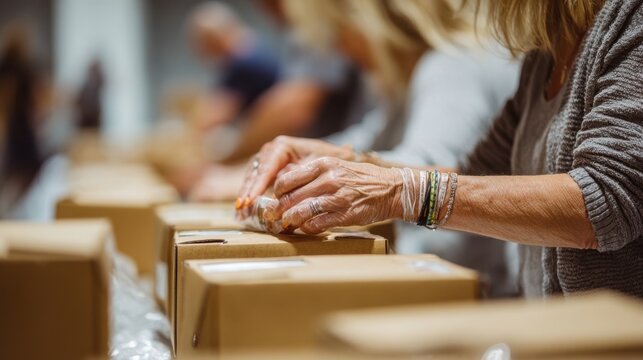 Senior volunteer wearing plastic gloves placing food items into cardboard boxes while collaborating with others in a community kitchen, highlighting teamwork and support - Powered by Adobe