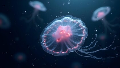 Obraz premium Quantum computing inspired particles and light trails in soft pastel colors, dark background, no metallic shine.