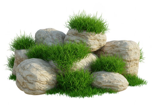 Rocks with green grass isolated on transparent background