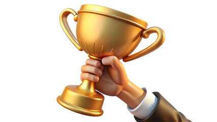Hand in a suit jacket holding a golden trophy cup with two handles against a png black background graphic