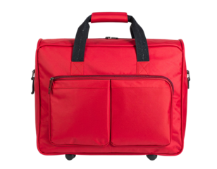 “Practical Soft Wheeled red Bag for Travel, isolated on transparent background”.