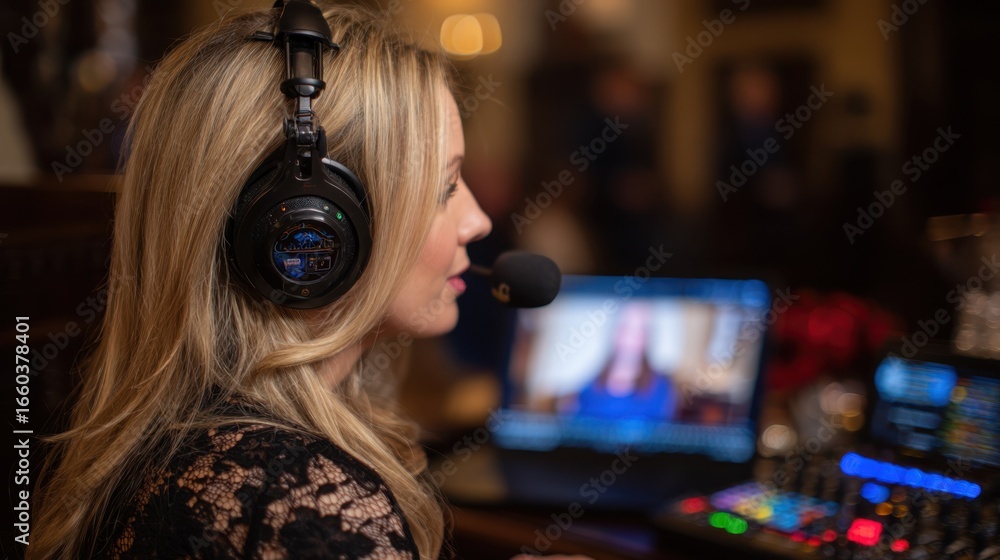 Poster medium shot of a remote guest wearing headphones speaking into a microphone with a blurred sound mix