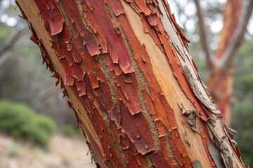 Manzanita red bark texture, peeling layers with rich earthy tones, isolated abstract background