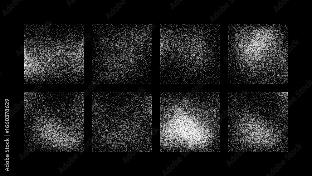 Poster set of eight noise grain vector textures creating a vintage halftone effect for graphic design backg